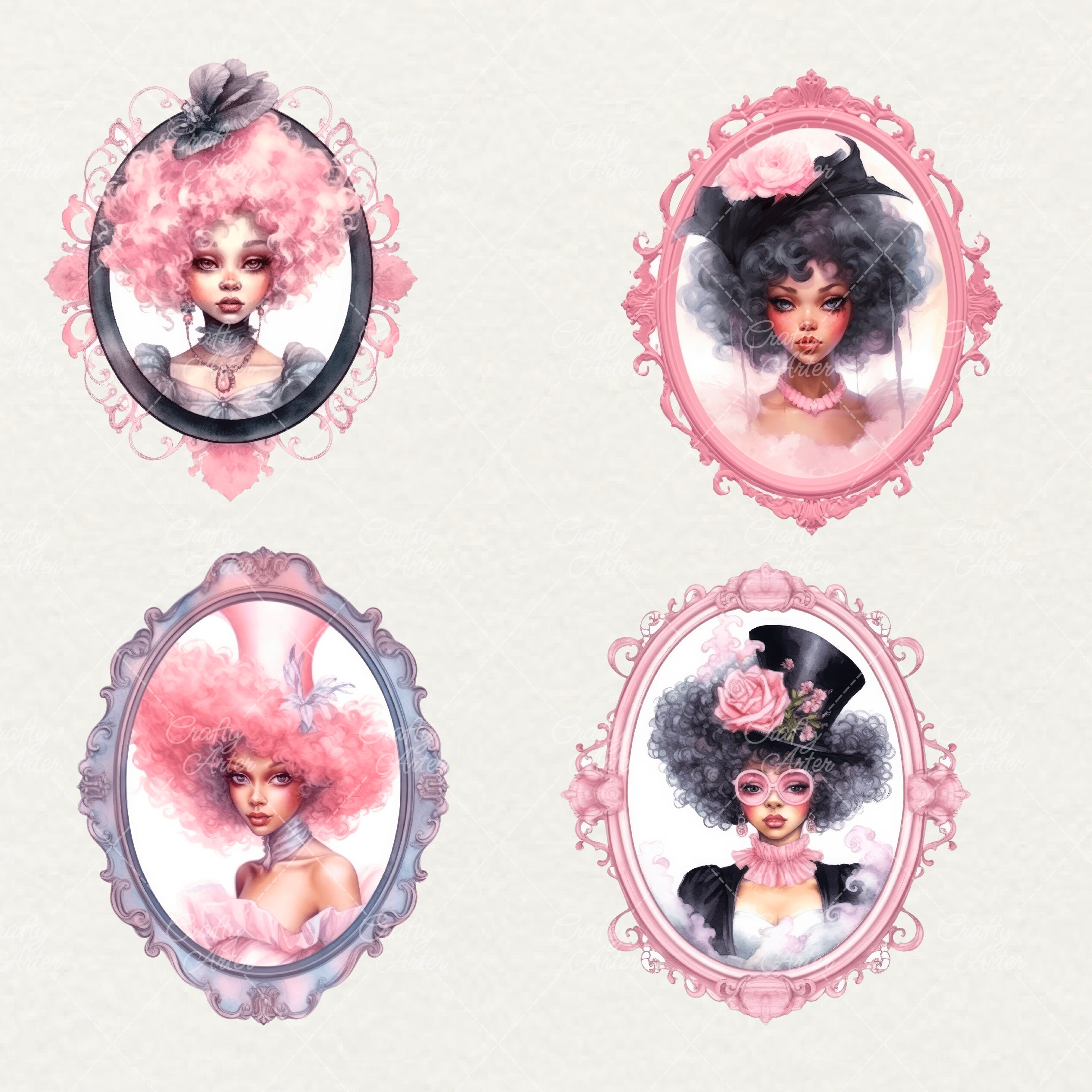 Pink Rococo Lady Clipart: Watercolor Afro Hair Princess (20 PNG ...
