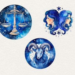 Watercolor Zodiacs clipart, 12 png Horoscope clipart Signs, Astrological zodiac blue celestial zodiac Watercolor illustration Commercial Use
