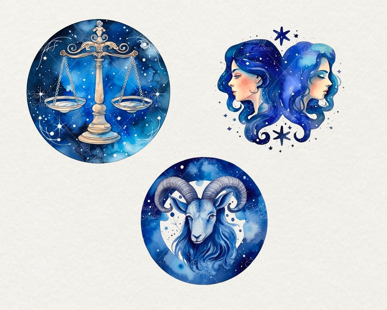 Watercolor Zodiacs clipart, 12 png Horoscope clipart Signs, Astrological zodiac blue celestial zodiac Watercolor illustration Commercial Use