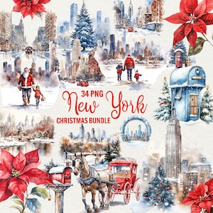 Clipart di Natale a New York, Clipart invernale Periodo festivo, Illustrazione di New York innevata, 34 grafiche natalizie PNG, Uso commerciale.