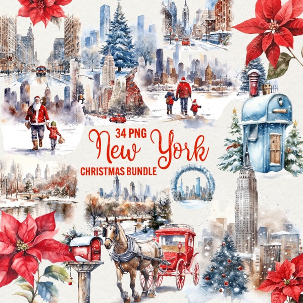 Christmas New York Clipart, Winter Clipart Holiday time, Snowy New York  illustration, 34 Png Christmas graphics, Commercial Use.