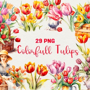 Watercolor Spring Tulips Clipart, 29 Png Watercolor Tulips Flowers Clipart Tulip Wreath, Colourful Spring Flowers, Commercial Use