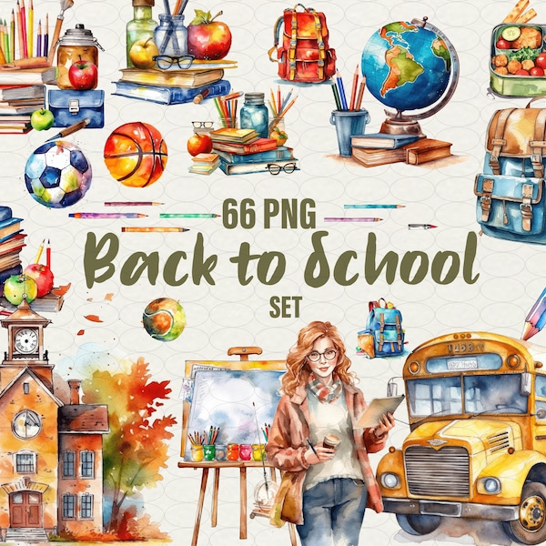 Watercolor School Clipart, Back to School Clipart, School Clipart 66 PNG, Chalkboard School Bus, Watercolour Clip Art Digital Commercial Use