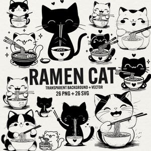 Gato Ramen Svg PNG clipart, gato svg, gato fofo png, gráfico vetorial de gato de anime, silhueta de gato comendo, fundo transparente, uso comercial