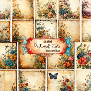 Digitales altes Postkartenpapier, 18 Karten Digitales Papier Vintage Scrapbook Papier für den Druck, Junk Journal altes Papier Clipart, Kommerzielle Nutzung