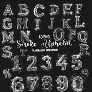Clipart alphabet de fumée, 40 lettres de fumée png, chiffres de fumée, police de fumer, superpositions de photoshop, utilisation commerciale de fond transparent