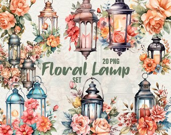 Floral Lantern Watercolor Clipart: Vintage Lamp PNG (Commercial Use)