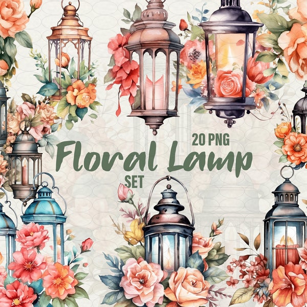 Clipart de lanterne antique, lampe aquarelle florale png, vieille lanterne, utilisation commerciale de scrapbooking lampe vintage.