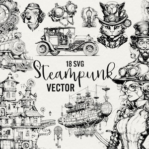 Steampunk Clipart 18 SVG Fantasy Clipart Steampunk VECTOR ligne dessinée Art Illustrations, téléchargement immédiat, usage commercial.