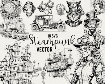 Steampunk Clipart 18 SVG Fantasy Clipart Steampunk VECTOR Line Drawn Art Illustrations, Instant Download, Commercial Use.