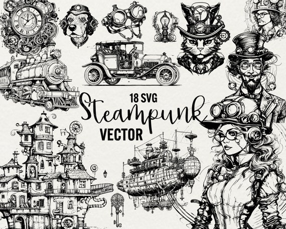 Steampunk Clipart: 18 Fantasy Line Art Illustrations (SVG, Instant Download)