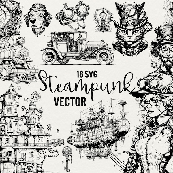 Steampunk Clipart 18 SVG Fantasy Clipart Steampunk VECTOR Line Drawn Art Illustrations, Instant Download, Commercial Use.