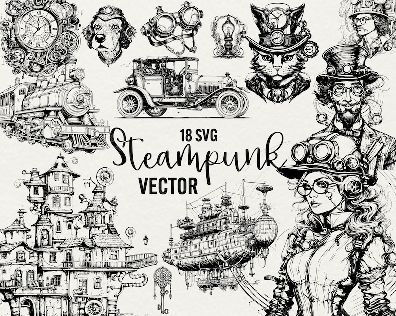 May include: A set of 18 black and white vector illustrations in a steampunk style. The illustrations include a clock, a train, a car, a house, a ship, a cat, a man, a woman, and various gears and other steampunk elements. The text "18 SVG Steampunk Vector" is included in the image.