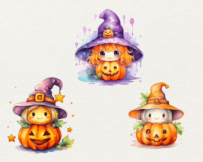 Watercolor Witch Pumpkin Clipart, Cute Halloween Graphics (24 PNG) - Etsy