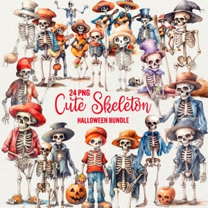 Watercolor Cute Skeleton Clipart, Watercolor Halloween illustration 24 PNG Sweetie Skeleton Halloween  Clipart, Commercial use