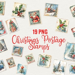 Selos postais de Natal clipart, 19 png Aquarela clipart de Natal clipart de inverno clipart de carta de Papai Noel de Natal Uso comercial