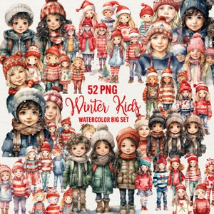 Winter Kids Clipart, Christmas Girl and Boy Clipart, Watercolor Winter Kids Clip art, Holiday Children 52 Png Christmas Commercial Use