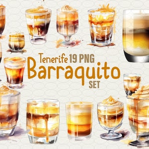 Tenerife Barraquito Coffee Watercolor 19 PNG clipart de café zaperoco, leche-leche Design de bebida de café das Canárias Ilustração de coquetel