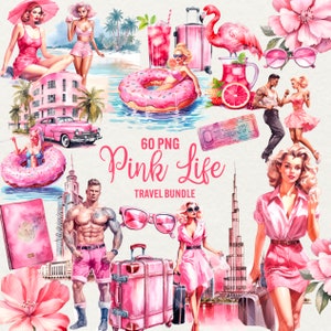 Aquarell Rosa Reise Clipart, 60 PNG Weltreise, Reise Sommer Clipart, Mädchen, Ticket, Sprache, Urlaubsreisen Clip Art Kommerzielle Nutzung