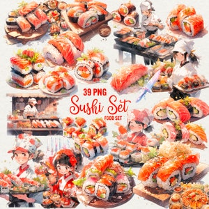 Aquarell Sushi Clipart, 39 PNG, leckere Sushi-Rolle, Clipart-Meeresfrüchte, Sushi-Meister Anime Kawaii Sushi-Restaurant, kommerzielle Nutzung