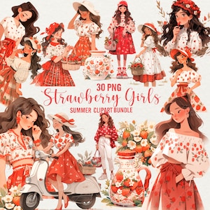Clipart de meninas de morango em aquarela, 30 png meninas de verão, adesivos digitais fofos de menina de frutas vermelhas, gráficos fofos de morangos, uso comercial
