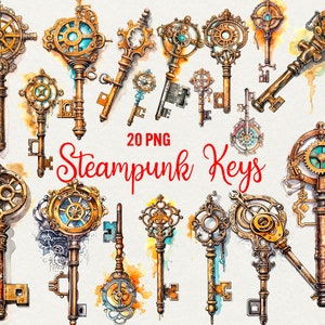 Steampunk Keys Clipart 20 PNG Fantasy Clipart Steampunk Key Watercolor Illustrations, Instant Download, Commercial Use.