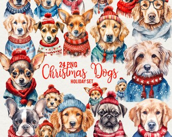 Christmas Dogs Clipart, Winter Holiday Puppies (24 PNG, Commercial Use)