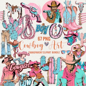 Westerncowboy-clipartbundel, 67 png retro-westerse kunst, cowboylaarzen en -hoeden texas ranch, cactus, cowgirl png-download commercieel gebruik