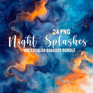 Aquarel nacht spatten, 24 png marineblauwe en gouden randen, hemelse achtergrond, golvende melkweg transparante digitale elementen, commercieel gebruik