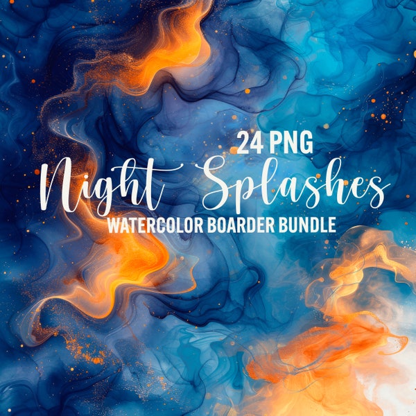 Watercolor night splashes, 24 png navy blue and gold borders, celestial background, wavy galaxy transparent digital elements, commercial use