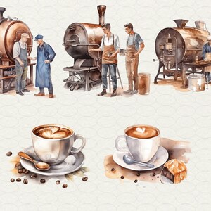 May include: A watercolour painting depicting three vintage coffee roasters with men working inside. The painting also shows two cups of coffee with latte art on a white background.
