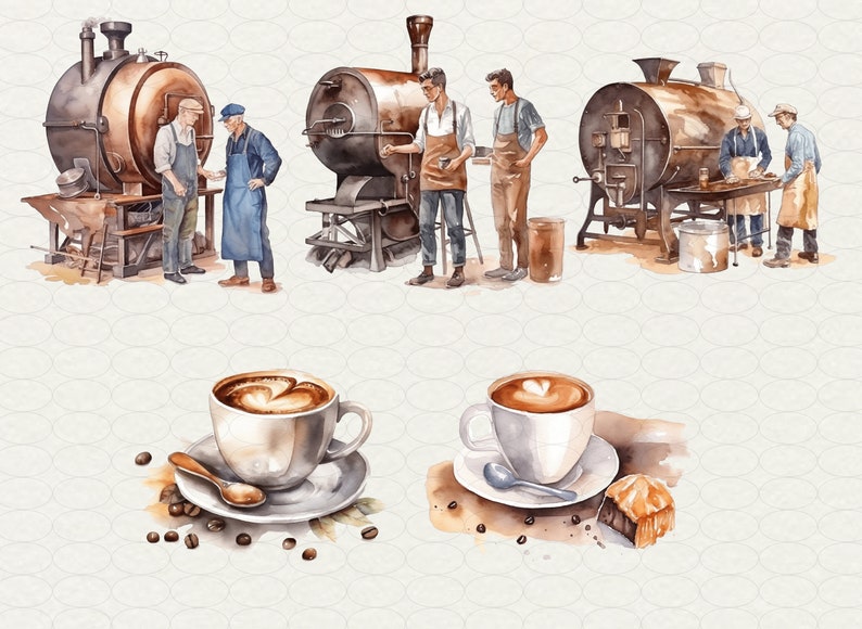 May include: A watercolour painting depicting three vintage coffee roasters with men working inside. The painting also shows two cups of coffee with latte art on a white background.