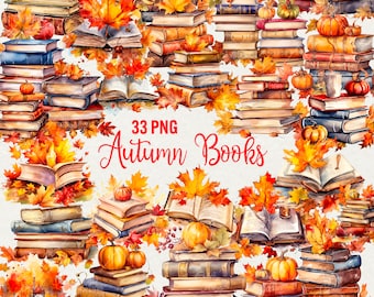Watercolor Autumn Book Clipart: 33 PNG Vintage Fall Books (Commercial Use)