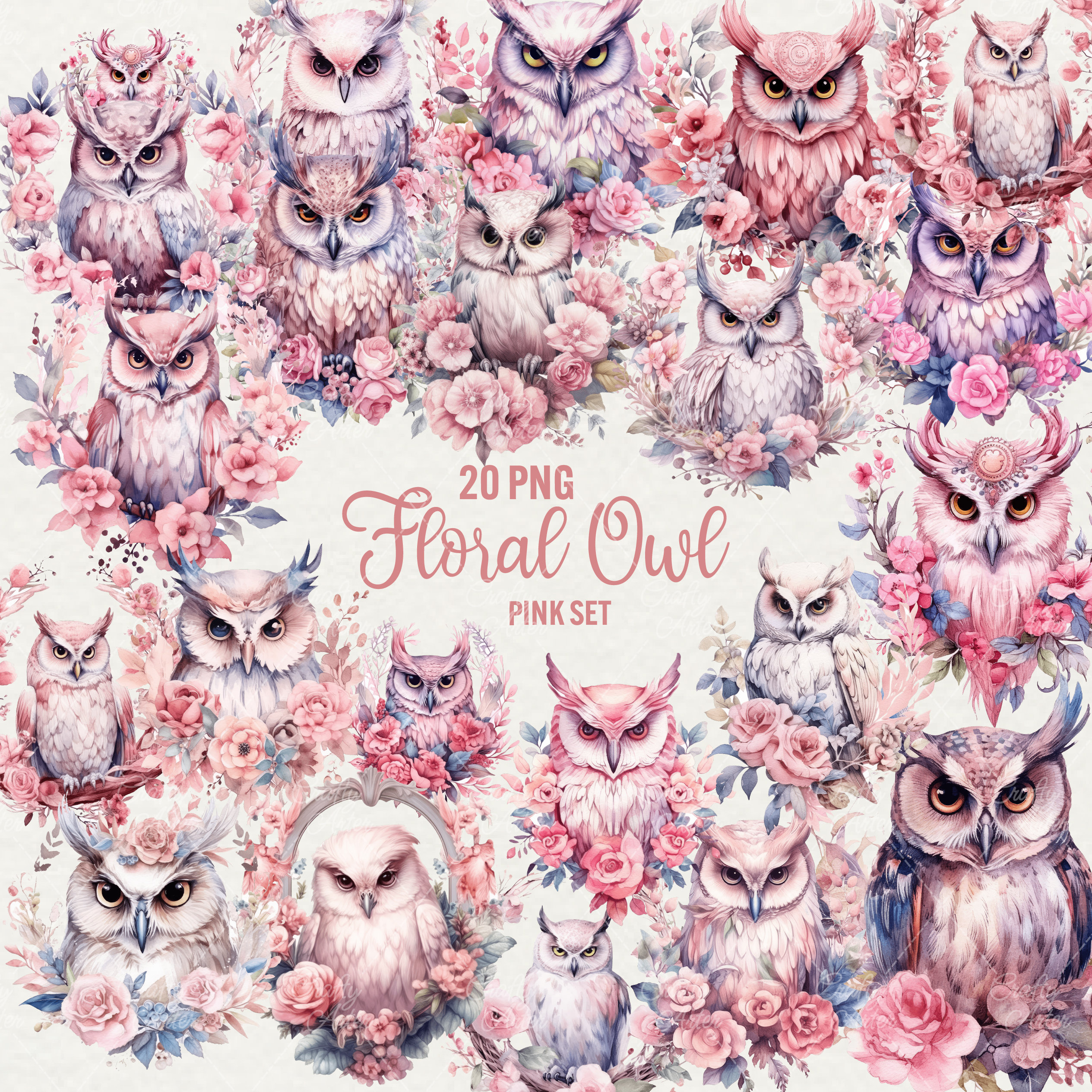 Watercolor Floral Owl Clipart: Pink Animal PNG Set (20 Files)