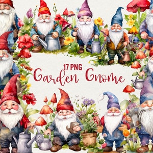 May include: A set of 17 watercolor illustrations of garden gnomes. The gnomes are depicted in various poses, holding gardening tools, watering cans, and flowers. The illustrations are set against a background of green foliage and red flowers. The text "17 PNG Garden Gnome" is written in red at the bottom of the image.