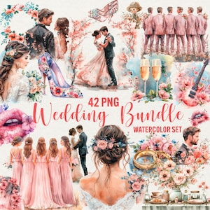 Akwarela Pastel Ślub clipart, 42 png różowa grafika ślubna, klipart ślubny, boho kwiatowy png, ślub do dziennika śmieci, użycie komercyjne