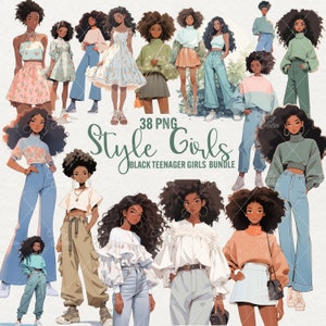Clipart di ragazze alla moda nere, ragazze adolescenti nere in stile PNG y2k, illustrazione di una bellissima ragazza afro nera, uso commerciale dell'arte digitale