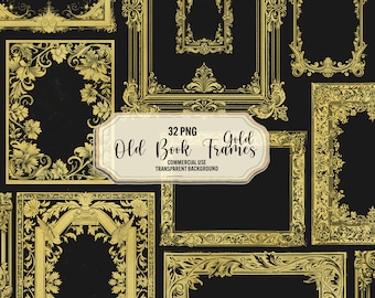 Goldener Buchrahmen Clipart, 32 png alter verzierter Rahmen, antiker Rahmen, goldener Eckrahmen, digitales Scrapbookpapierhandwerk, kommerzielle Nutzung