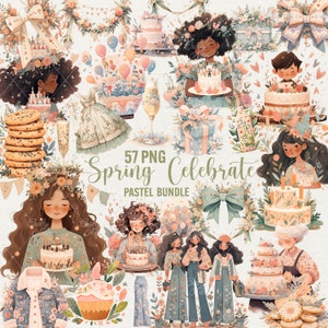 Bundle de cliparts printemps, 57 PNG Célébration du printemps, aquarelle de printemps, jolies filles, gâteau Png, fleurs de printemps Png, téléchargement immédiat, usage Commercial