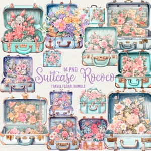 Clipart de maleta rococó de acuarela, clipart de viaje, 14 PNG Clipart de maleta elegante rococó, hermosa maleta floral, uso comercial.