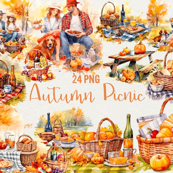 Watercolor Autumn Picnic Clipart, 24 png Picnic Basket Garden picnic clipart family time, romantic dinner, Autumn clipart, Commercial Use.