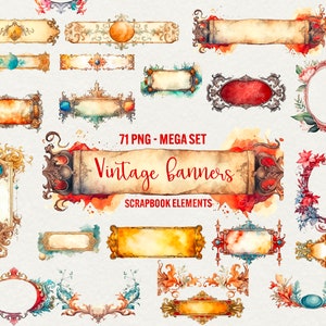 Watercolor Banners Clipart, 71 PNG Vintage paper banners illustration, Scrapbook old paper banner ribbon, Junk Journal art, Commercial use