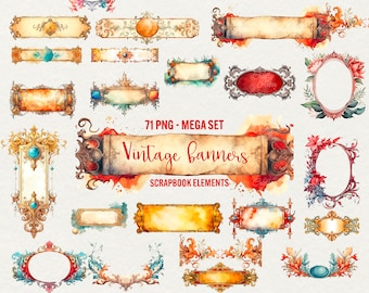 Watercolor Vintage Banners Clipart: 71 PNG Scrapbook Elements (Commercial Use)