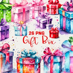 Watercolor Gift box Clipart, 26 PNG Watercolor Box Clipart, red, green, pink, blue, purple,  pastel, Commercial Use.
