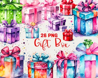 May include: 26 watercolor illustrations of gift boxes with colorful ribbons and bows. The boxes are decorated with polka dots, stripes, and floral patterns. The text "26 PNG Gift Box" is written in red.