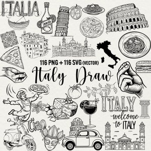 Pacchetto clipart Italia, png Italia, vettore svg Italia, viaggi in Italia, bevande alla pizza, disegno al tratto Roma, file di taglio Cricut Silhouette uso commerciale