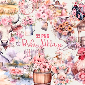 Akwarela Boho Village Clipart, 55 PNG Pastel Pink Village Clipart vintage Boho Floral Village Clipart, Komercyjne wykorzystanie