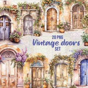 Portas florais vintage clipart, portas de flores da primavera, 20 png portas europeias, flores de porta antigas. portas de viagem, portas de aquarela, uso comercial