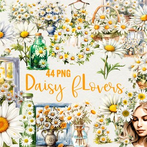 Watercolor Daisy Flowers Clipart, 44 Png Watercolor Daisy Flowers Clipart Daisy Wreath, Scrapbooking Flowers, Commercial Use