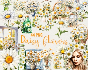 Clipart de margaritas en acuarela: 44 archivos PNG, corona de margaritas (uso comercial)